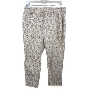 Chicos Pants Womens Size 1.5 (10) White Gold Art Deco Print Embellished‎ Cropped